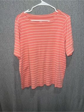 CJ Banks Coral & White Striped Short Sleeve Top